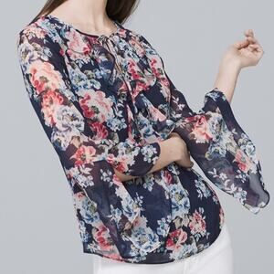 WHBM Boho Navy with Floral Print Blouse Size 10 💙💐💙